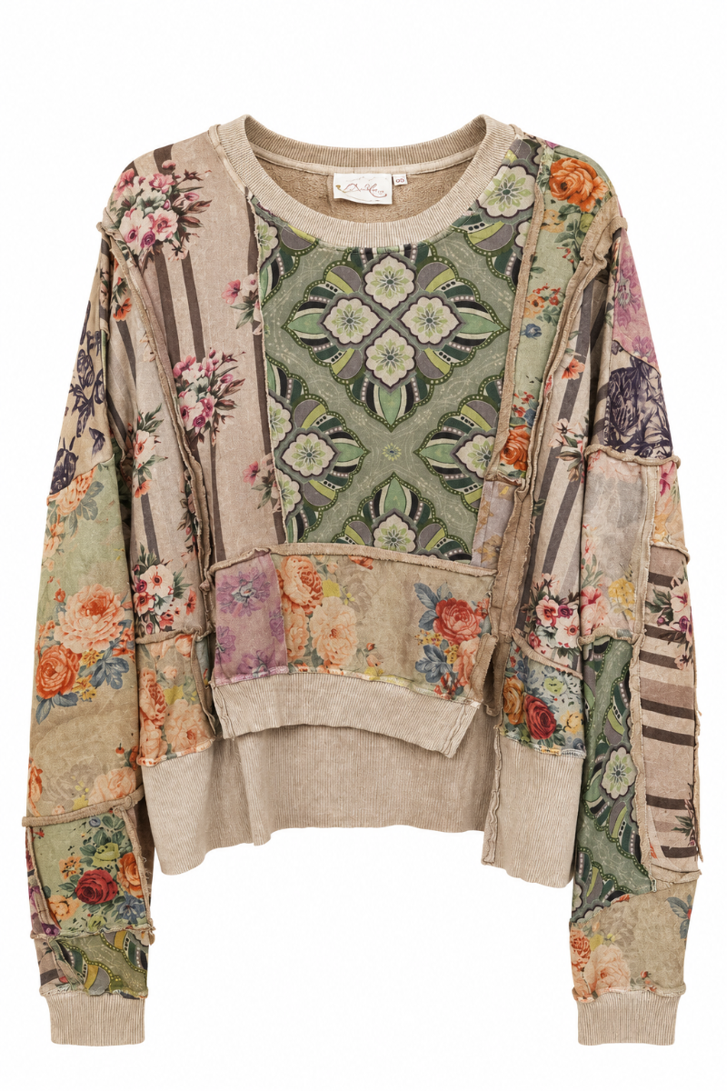 Trestles Clothing Company cotton patchwork sweatshirt featuring a crew neck, hi-lo hem, and autumn floral patterns.